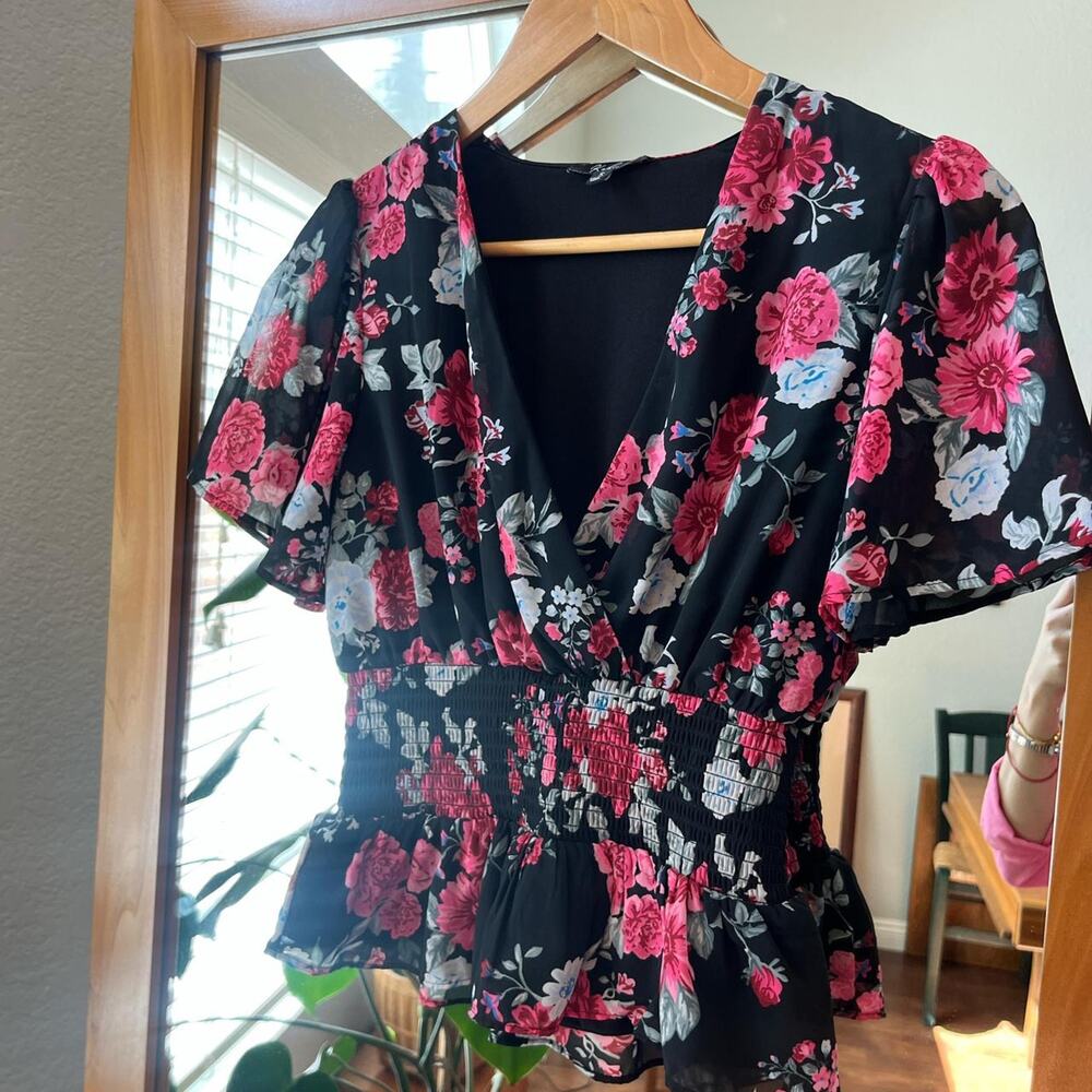Romantic floral smocked waist blouse